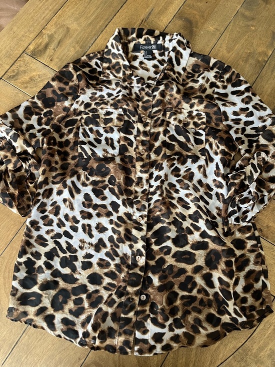 Forever 21 Tops - Forever 21 Sheer Brown Black Cream Leopard Print Button Up Blouse size small